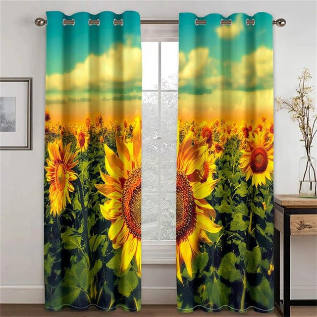 Yiran Furniture Dekorative Sonnenblumen Vorhänge im Vintage Pastoral Stil, Gelb, 2 Paneele, Semi-transparent, B: 50 cm, H: 130 cm - Bild 1