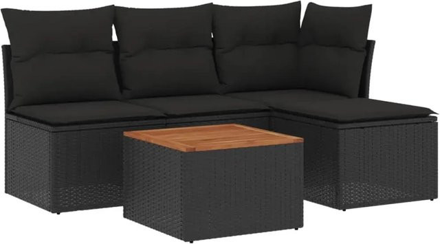 vidaXL 5-teilige Garten-Sofagarnitur in L-Form aus Poly-Rattan und Akazienholz mit Kissen in Schwarz - Bild 1