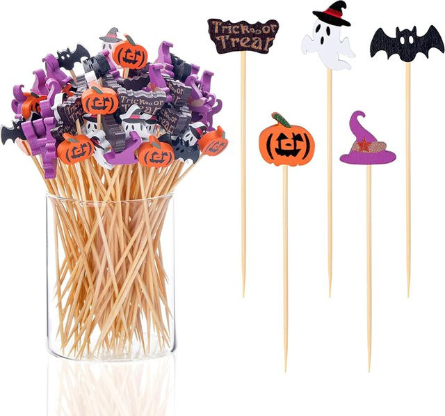 ZQNYCY Halloween Party Zahnstocher aus Bambus in Mehrfarbig mit Kürbis und Geist als Einweg Obstspieße und Dessertgabeln - Bild 1