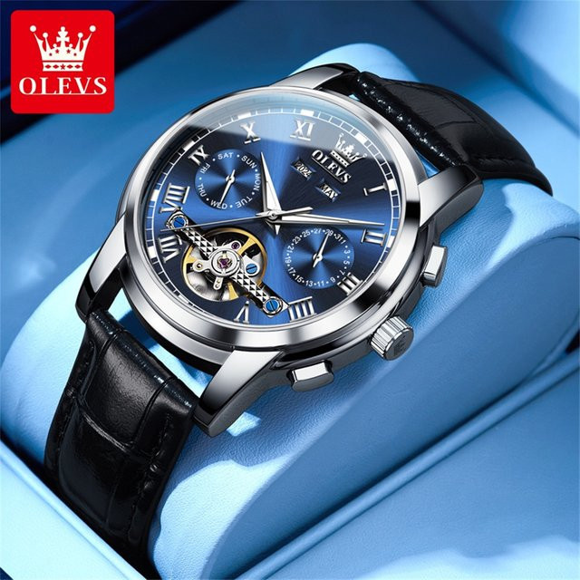 OLEVS Armbanduhr Automatik, Edelstahl, Blau, Leder, Herren - Bild 1