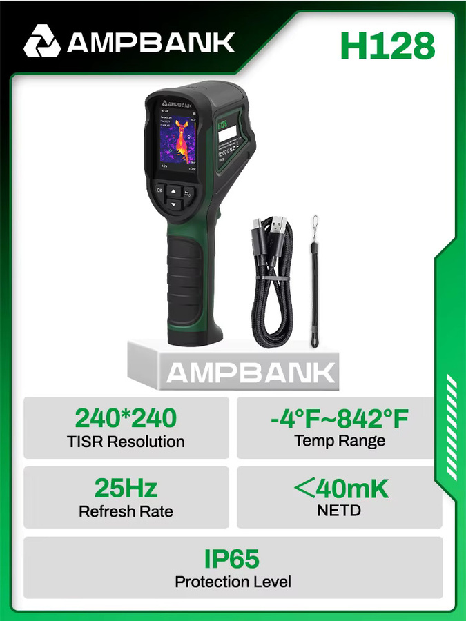 AMPBANK H128 Handgehaltene Wärmebildkamera in Schwarz mit 240 x 240 TISR Auflösung, 25 Hz und IP54 Wasserdichtigkeit für elektrische Tests und HVAC-Reparaturen - Bild 8