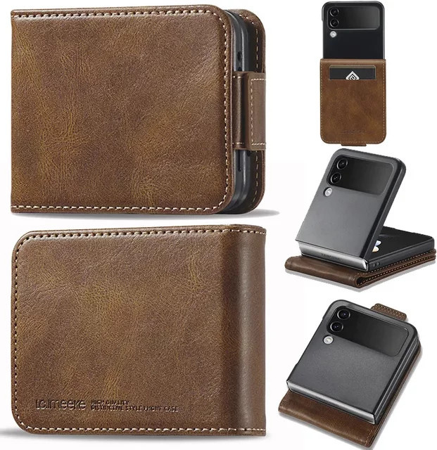 EUCAGR Magnetische Leder-Brieftasche als Kartenhalter und Schutzhülle für Samsung Galaxy Z Flip 3 4 5 6 7 in Blau oder Braun - Bild 1