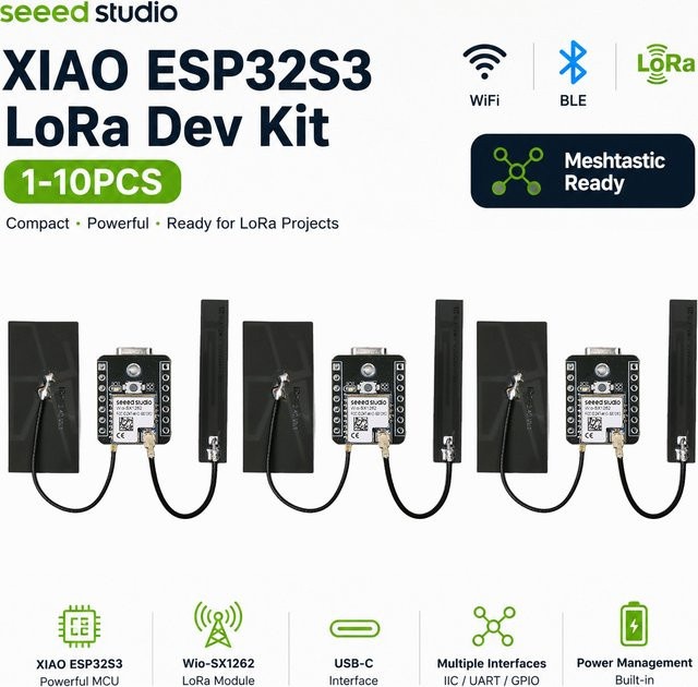 Seeed Studio XIAO ESP32 S3 LoRa32 SX1262 Meshtastic Development Board mit WiFi, Bluetooth und LoRa-Antenne in Schwarz - Bild 1