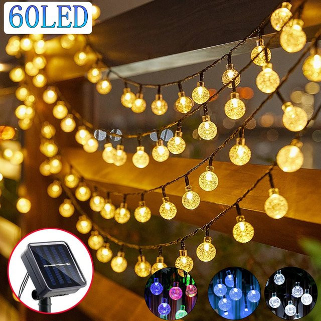 Solar-LED-Lichterkette mit 60 Kristallkugel-Elementen in Transparent, IP65 wasserdicht, 8 Beleuchtungsmodi für Garten und Party-Dekoration - Bild 1