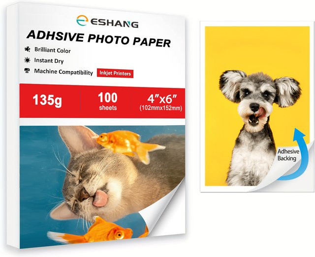 ESHANG Selbstklebendes Fotopapier Glänzend für Tintenstrahldrucker, 10x15 cm, 100 Blatt, Weiß, 135g/m² - Bild 1
