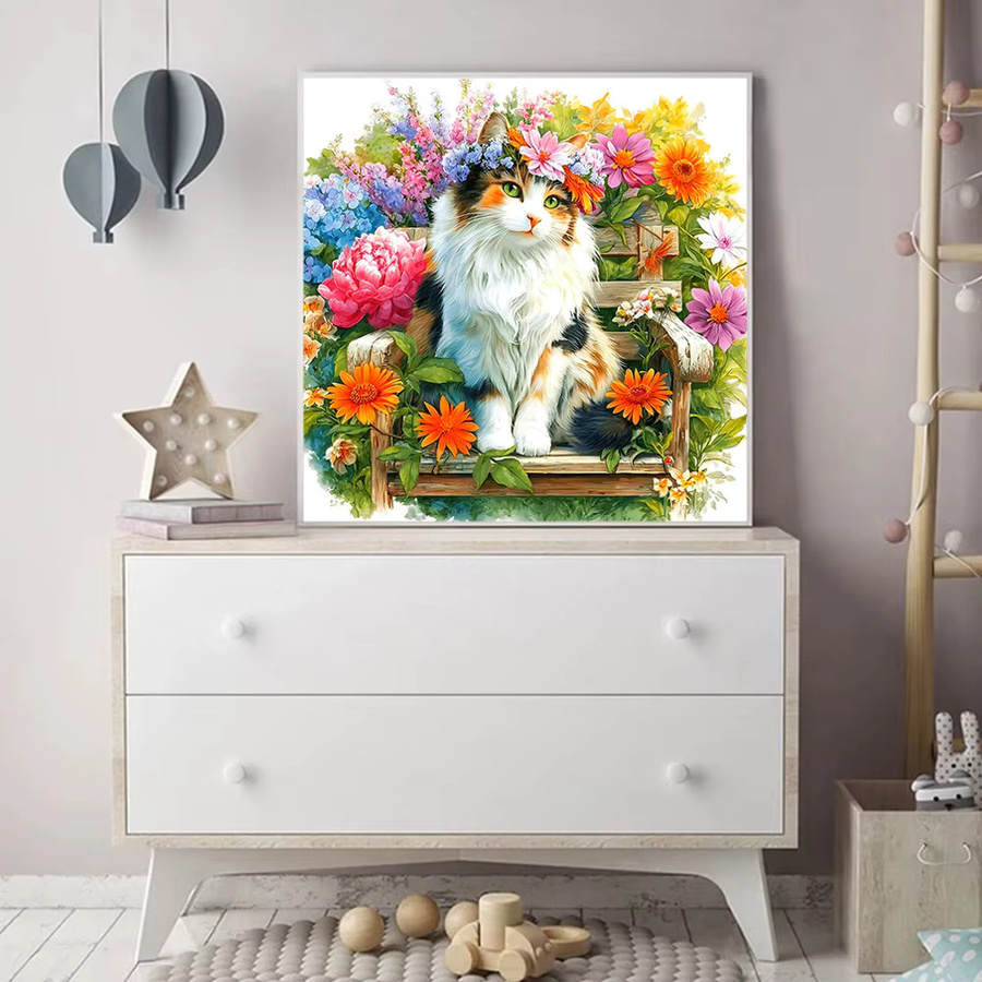 Momoart Diamant-Mosaik Katze DIY Stickerei Set mit Blumen-Motiv, Mehrfarbig, B/B/H: 20 x 20 x 20 cm - Bild 3