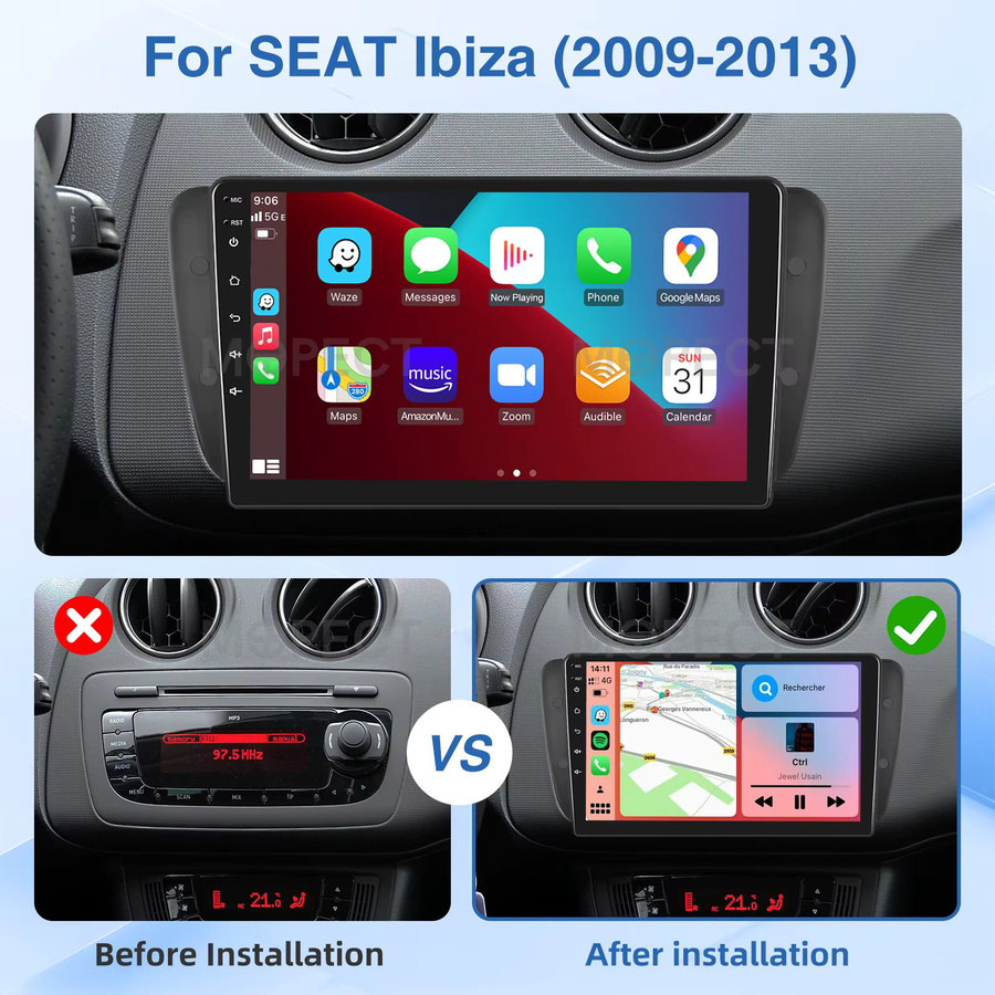 MOPECT 9-Zoll Android 15 Autoradio für Seat Ibiza 6J 2009-2013 mit 4+64G Speicher, CarPlay, GPS, WiFi, Bluetooth, DAB und Rückfahrkamera in Schwarz - Bild 2