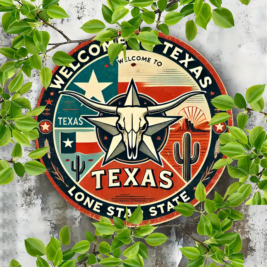 Potdemiel Rundes Aluminiumschild Texas Unabhängigkeit Star State Vintage Wandkunst, Durchmesser: 20 cm, Mehrfarbig - Bild 5