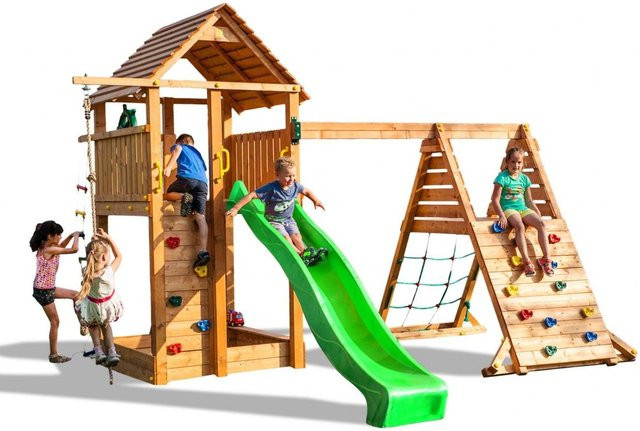 Fungoo Spielturm Fortress Spider+ Klettergerüst aus Teak mit Rutsche, Holzdach, Leiter und Schaukel - Bild 1