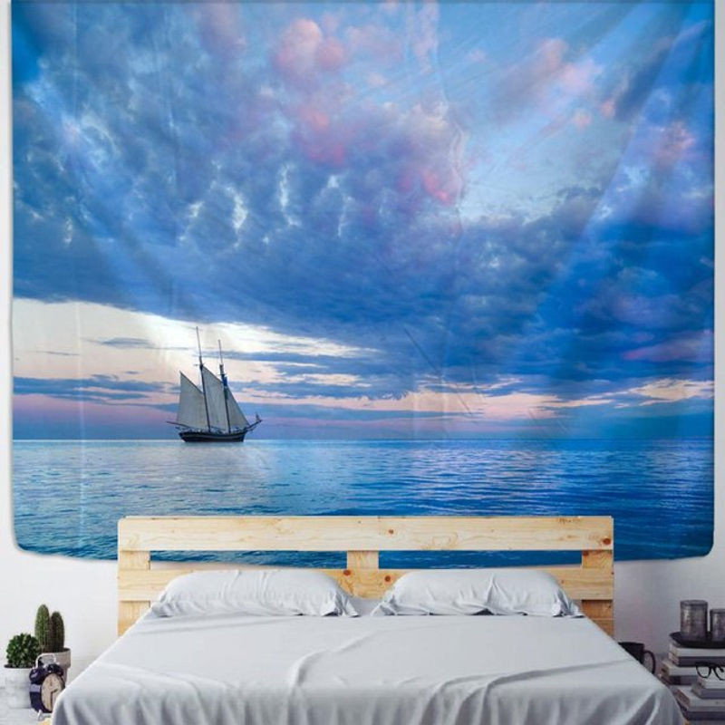 Binchi Outdoor Equipment Wandbehang mit maritimem Wolken- und Bootsmotiv in Blau, Textil-Wanddekoration Landschaft, B/H: 95 x 70 cm - Bild 1