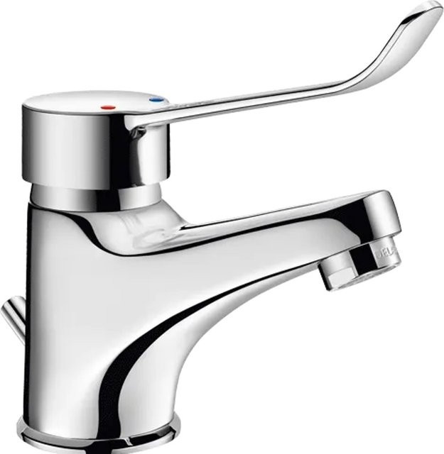 Delabie Einhebelmischer in Chrom mit Hygienehebel, Zugstangenablaufgarnitur und wassersparender Funktion für Waschbecken oder Spüle - Bild 1