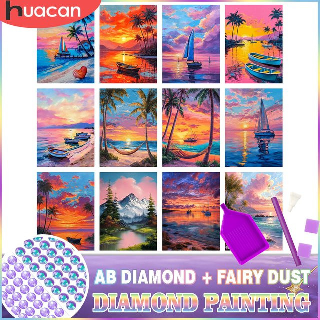 HUACAN Diamant-Mosaik Set Meereslandschaft bei Sonnenuntergang mit Strand, Kokosnussbaum und Boot, 5D Diamantmalerei, Multicolor, B: 30,0 cm, H: 20,0 cm - Bild 1