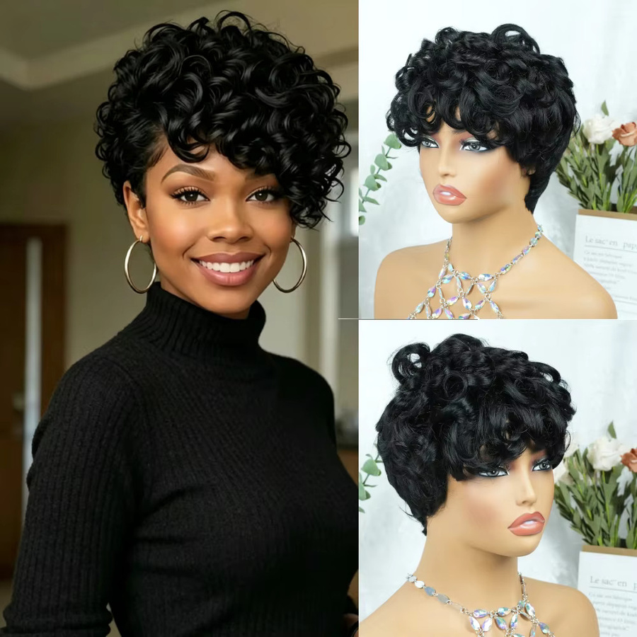 OYM HAIR Perücke, Pixie-Schnitt, lockig, Echthaar, Naturfarbe - Bild 2