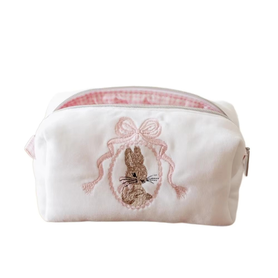 Tragbare Kosmetiktasche mit Hasenmotiv, Spitze und Schleife als Make-up-Organizer für Damen und Mädchen in Weiß und Rosa - Bild 2