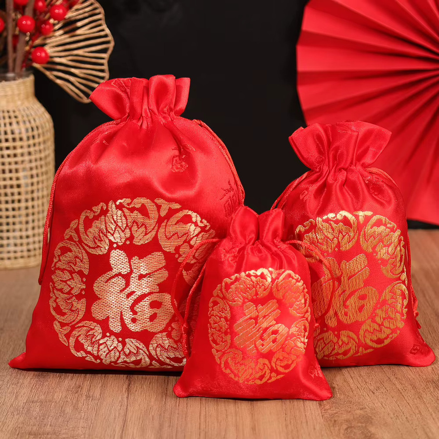 Roter Seidenbeutel mit Kordelzug für Geschenke, Hochzeit und Weihnachten - Bild 2