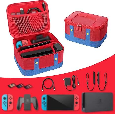 Komplettset Aufbewahrungstasche für Nintendo Switch und Switch 2 OLED in Rot/Blau mit großer Kapazität - Bild 2