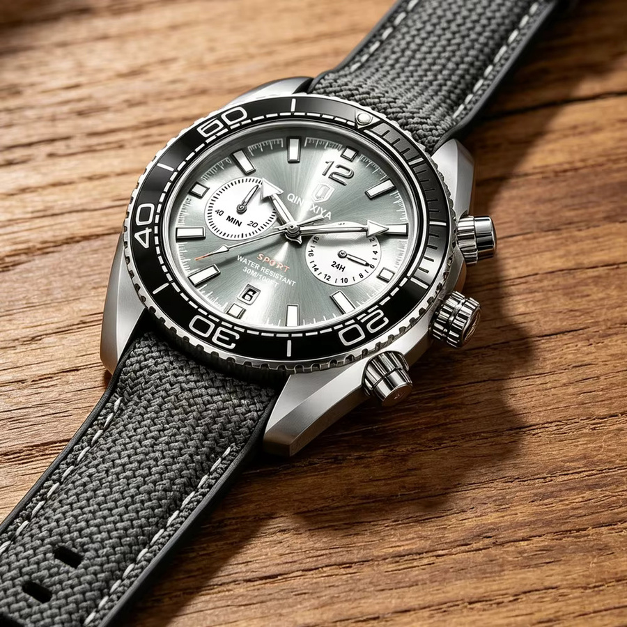 QINGXIYA Armbanduhr Chronograph, Silikonband, Silber, Herren - Bild 3
