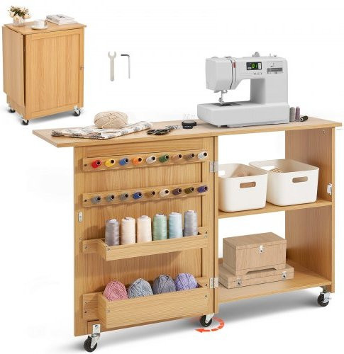 VEVOR klappbarer Nähtisch in Holzfarbe mit Regalen, Ablagefächern und Rollen, B/T/H: 117 x 40 x 77,8 cm - Bild 1