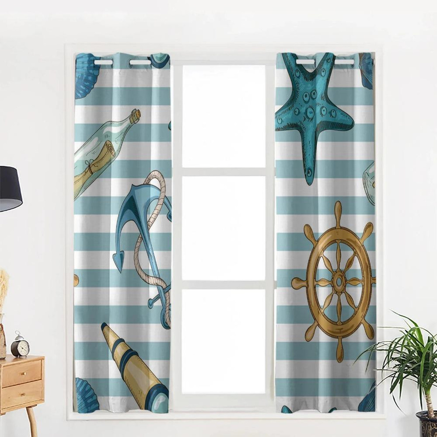 2er-Set Yiran Furniture Vorhänge Anker Seestern Streifen in Multicolour, halbtransparent Polyester-Fensterdekoration mit Rod Pocket, Breite: 50 cm, Höhe: 130 cm - Bild 2