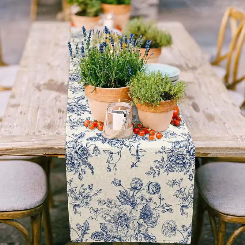 VIKAMA 4-teiliges Tischset Set aus Leinen in Blau mit floralem Country-House Design, rechteckige Tischmatten für Garten und Café - Bild 3