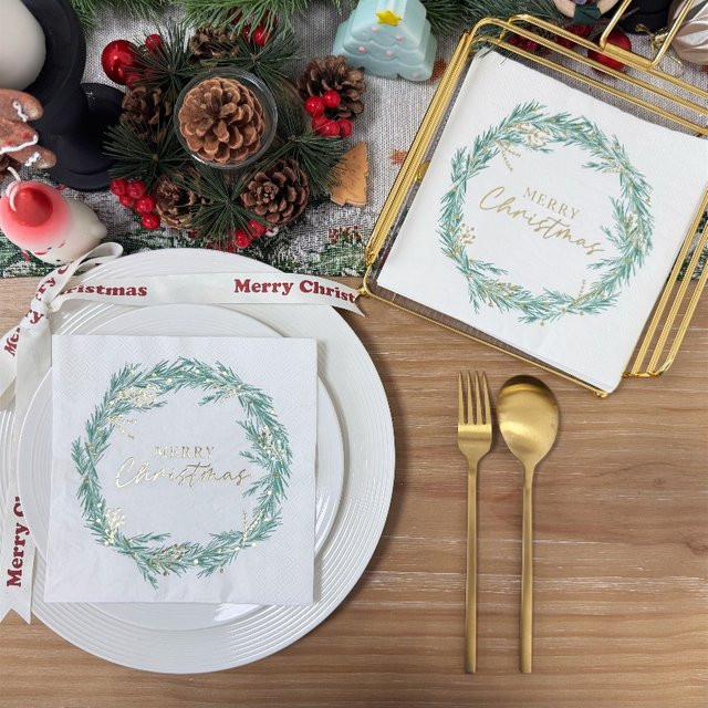GUANYAO Weihnachtskranz Servietten mit Goldprägung, 16 Stück, Weiß/Gold, B: 33 cm, 3-lagig - Bild 1