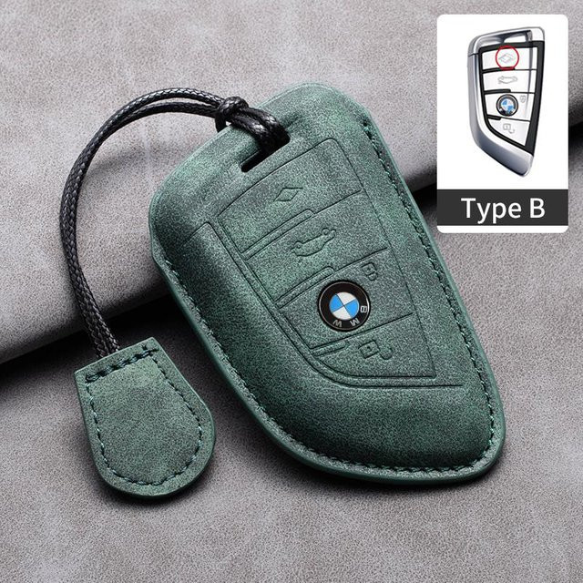 Wildleder Leder Schlüsselanhänger Hülle für BMW Schlüssel Fob in Grün - Bild 1