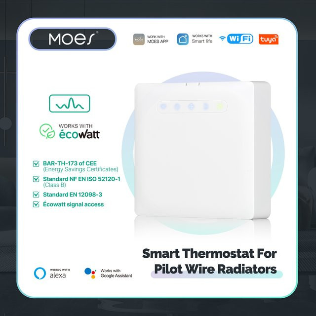 MOES Wifi Smart Thermostat in Weiß für Pilot Draht Heizung und Heizkörper mit App-Steuerung, Ecowatt Stromüberwachung sowie Alexa und Google Home Unterstützung - Bild 1