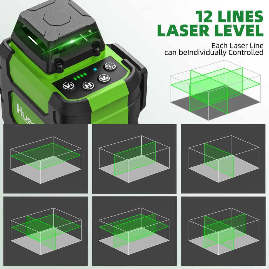 Huepar 12-Linien-Laser-Wasserwaage mit grünem Strahl, selbstnivellierendes Kreuzlinien-Laser-Werkzeugset mit Stativ, Detektor, Digitallineal und Halterung - Bild 2