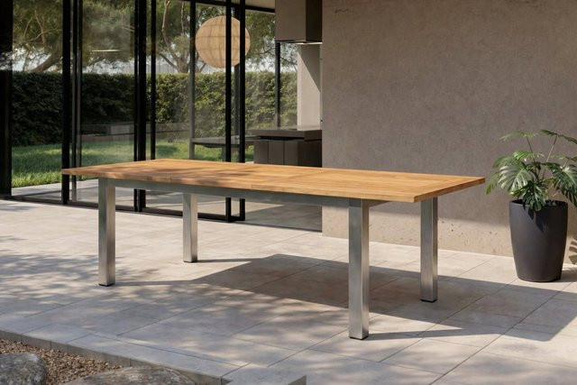 OUTFLEXX Ausziehtisch für Garten und Terrasse aus Edelstahl und recyceltem Teakholz in Grau und Braun, B/T: 200 bis 260 x 100 cm - Bild 1