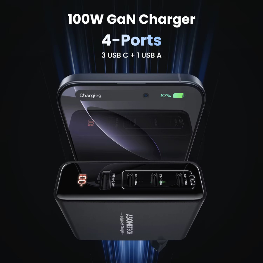 TOPZERO 100 W GaN Ladegerät mit 4 USB Typ C Ports, PD 3.0 PPS Schnellladegerät für Macbook Pro, Laptop, iPhone und Xiaomi Tablet, Schwarz - Bild 2