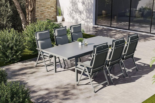 Kettler Garten-Essgruppe aus Aluminium, Textilene und Glas in Silber/Anthrazit mit ausziehbarem Tisch und 6 Klappstühlen inklusive wetterfesten Auflagen - Bild 1