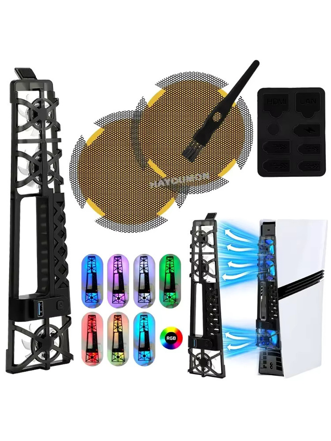 Royaldraid RGB-Lichtkühlventilator mit USB-Anschluss und Staubfilternetz für PS5 Pro und PS5 Slim in Schwarz/Multicolor - Bild 7