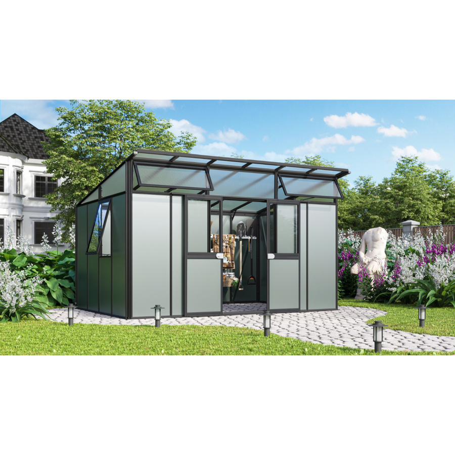 Vitavia Gerätehaus Kosmos mit Pultdach aus Alu-Sandwichpaneelen in Schwarz und Salbeigrün, 11,5 m² - Bild 2