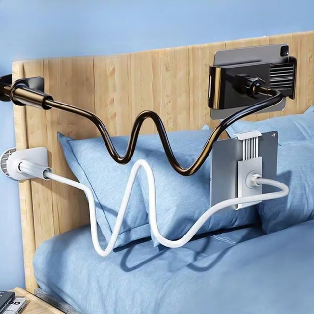 Vaiquela 360 Grad drehbarer Handy- und Tablet-Ständer mit spiralförmiger Basis für das Bettkopfteil in Schwarz oder Weiß - Bild 1
