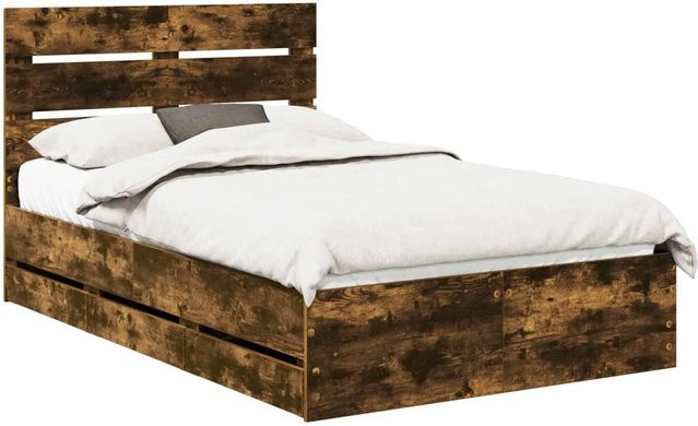 vidaXL Bettrahmen aus Holz in Raucheiche mit Schubladen, Farbe: Braun, B/T/H: 120 x 200 cm - Bild 1