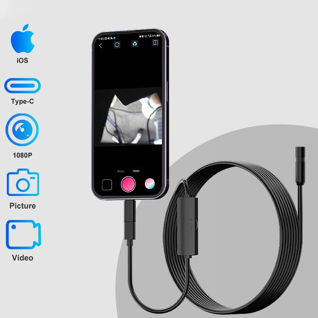 BUMBORN 2-in-1 Endoskopkamera mit direkter Verbindung für iPhone, Typ-C und Android, 1080P HD Inspektion für Rohrleitungen und Kanalisation, Schwarz - Bild 1