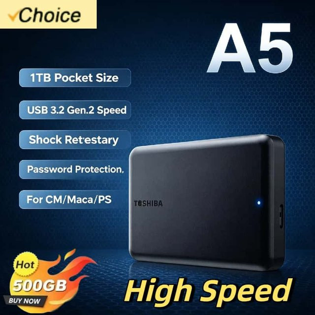 Toshiba A5 Serie Tragbare 2,5 Zoll HDD mit 1 TB Speicher, USB 3.2 Gen1, Schwarz - Bild 1