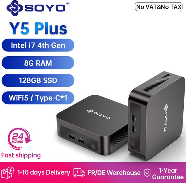 SOYO Y5 Plus Mini-PC mit Intel Core i7 CPU, 8GB RAM, 128GB M.2 SSD, Windows 11 Pro, USB-C, Schwarz - Bild 1
