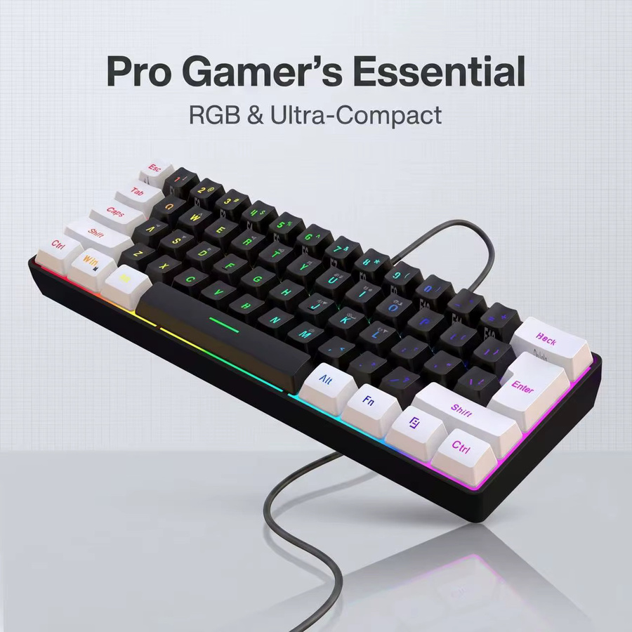 HXSJ Gaming-Tastatur 60% Mini RGB-Hintergrundbeleuchtung Kabelgebunden Schwarz mit 61 Tasten und Anti-Ghosting - Bild 3