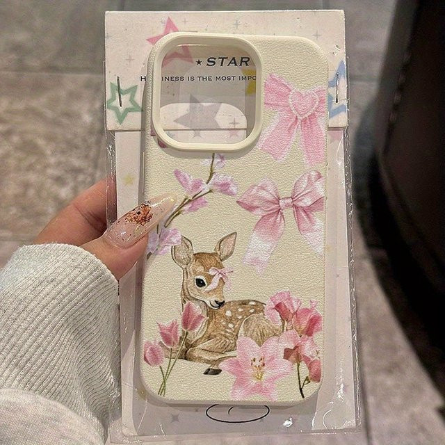 Elegante Apple iPhone Handyhülle mit Schleife und Hirsch-Aufdruck in Beige für iPhone 17, 16, 15 Pro Max Series - Bild 1