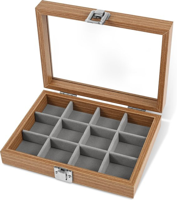 Willstar 12-Fach Holzbox in Braun mit transparenten Fächern zur Aufbewahrung von Steinen, Fossilien, Edelsteinen und Schmuck, B/T/H: 20,0 x 5,0 cm - Bild 1