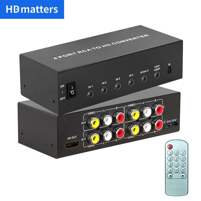4 in 1 RCA zu HDMI Konverter Switch mit Fernbedienung, Composite AV zu HDMI Scaler, 1080P Full HD, Schwarz - Bild 1