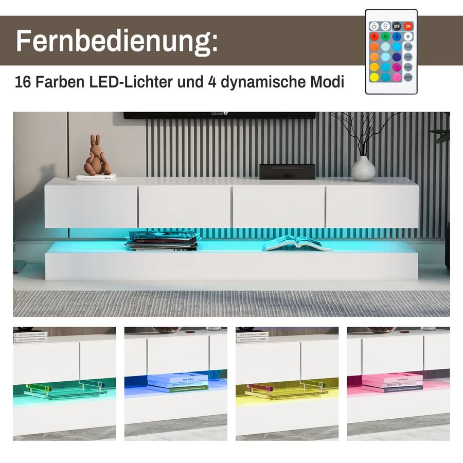 Comanlai LED-TV-Lowboard in Weiß mit 2 Schränken und 4 Schubladen, B/T/H: 130 x 33 x 15 cm - Bild 4