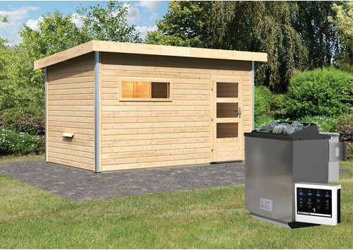 KARIBU Saunahaus Schwanenburg 3 aus Fichtenholz in Beige mit 9 kW Bio-Kombi-Ofen und externer Steuerung, B/T/H: 393 x 231 x 239 cm - Bild 1