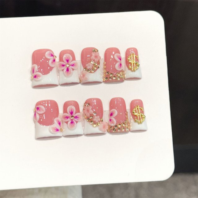 YADORNOS Press-on-Nägel, 10 Stück, Weiß, 3D-Blumenmuster, Rosa-Gold, Glänzend - Bild 1