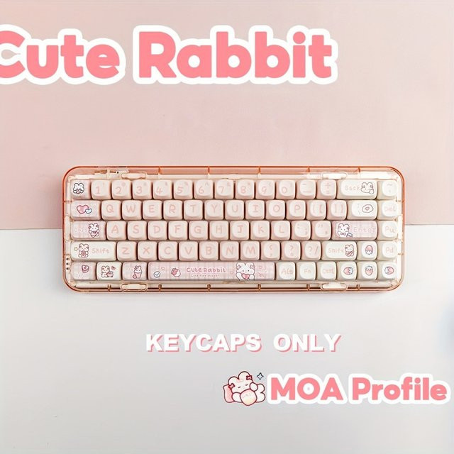 PBT-Tastenkappen mit Hasenmotiv im MOA-Profil, 145 Tasten-Set für mechanische Tastaturen mit MX-Schaltern, Farbe: Weiß - Bild 1