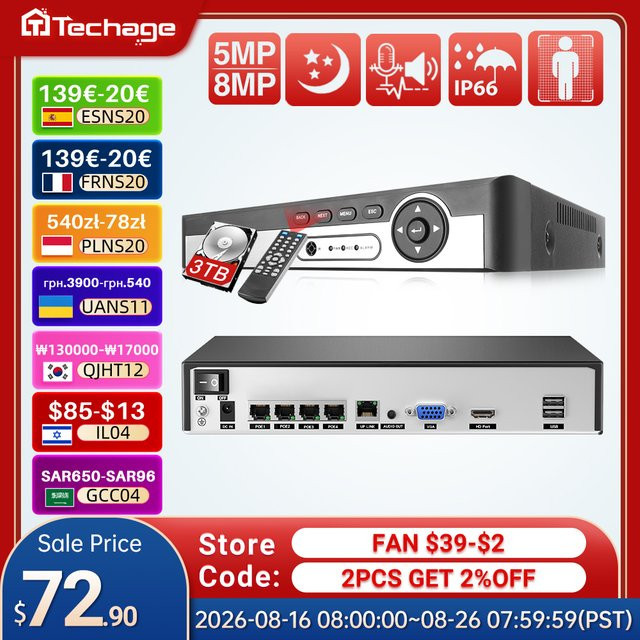Techage 8CH 4K PoE NVR Netzwerk-Videorecorder mit Zwei-Wege-Audio in Schwarz - Bild 1