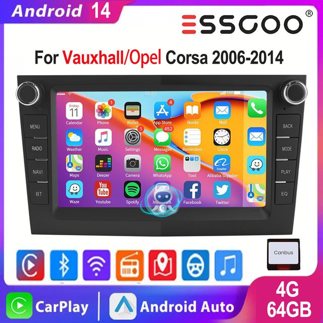 ESSGOO Android 14 Autoradio mit 7 Zoll Display für Opel Astra Corsa Zafira Meriva Vectra inklusive Apple CarPlay, Android Auto, GPS, WiFi, Bluetooth und Lenkradsteuerung in Schwarz - Bild 1