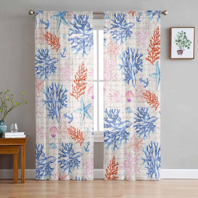 Super Six Chiffon Fenstervorhang mit Seesternen und Muscheln in Weiß, Breite: 135 cm, Höhe: 114 cm - Bild 1
