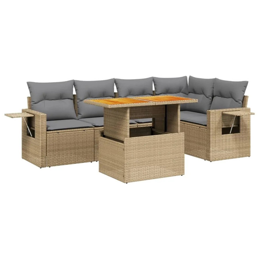 vidaXL 6-tlg Garten-Sofagarnitur in L-Form aus beige farbenem Poly-Rattan mit Kissen und Akazienholz - Bild 2